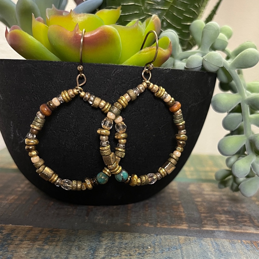 Gold and Turquoise Bead Mix Hoop Earrings